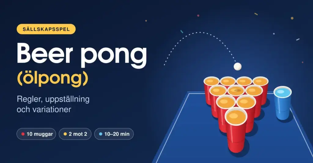 Illustration av ett beer pong-bord med tio röda muggar i triangel, en blå vattenmugg och en pingisboll i luften, bredvid texten "Beer pong (ölpong) – regler, uppställning och variationer".
