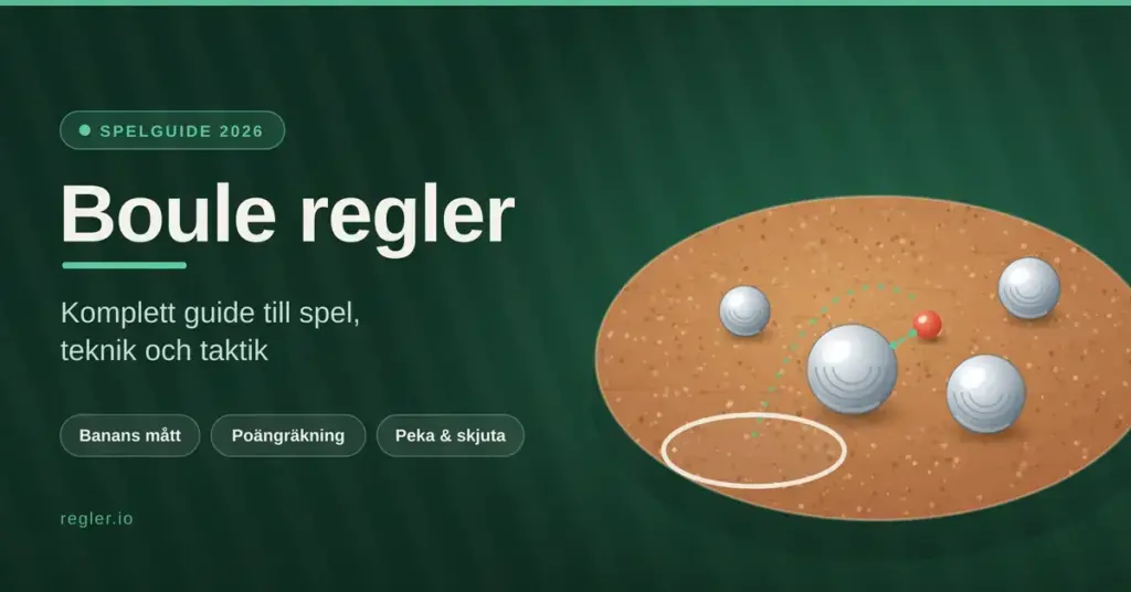 Illustration med texten ”Boule regler – komplett guide till spel, teknik och taktik” bredvid en grusbana med silverfärgade bouleklot, den röda lillen och en utkastring.