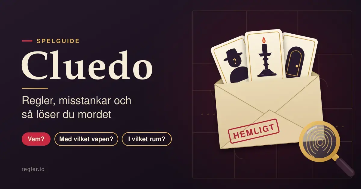 Illustration till en guide om Cluedo: ett öppet kuvert märkt ”HEMLIGT” med tre kort – en misstänkt person, en ljusstake och en dörr – bredvid ett förstoringsglas över ett fingeravtryck, på en mörk bakgrund med en herrgårdsplanritning och texten ”Regler, misstankar och så löser du mordet”.