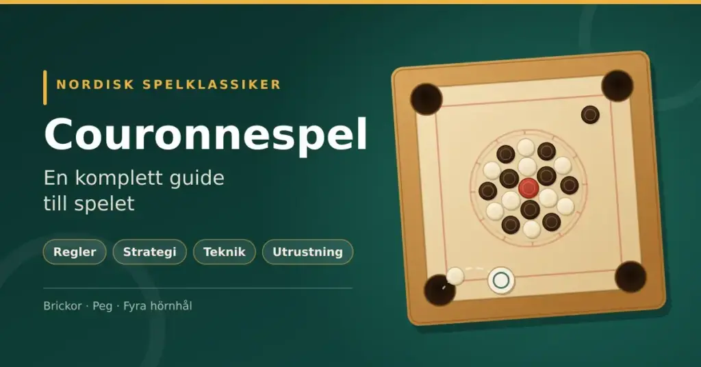 Illustration av ett couronnebräde med träbrickor i rosettformation, fyra hörnhål och en peg på väg att skjuta en bricka i hål, tillsammans med texten "Couronnespel – en komplett guide till spelet".