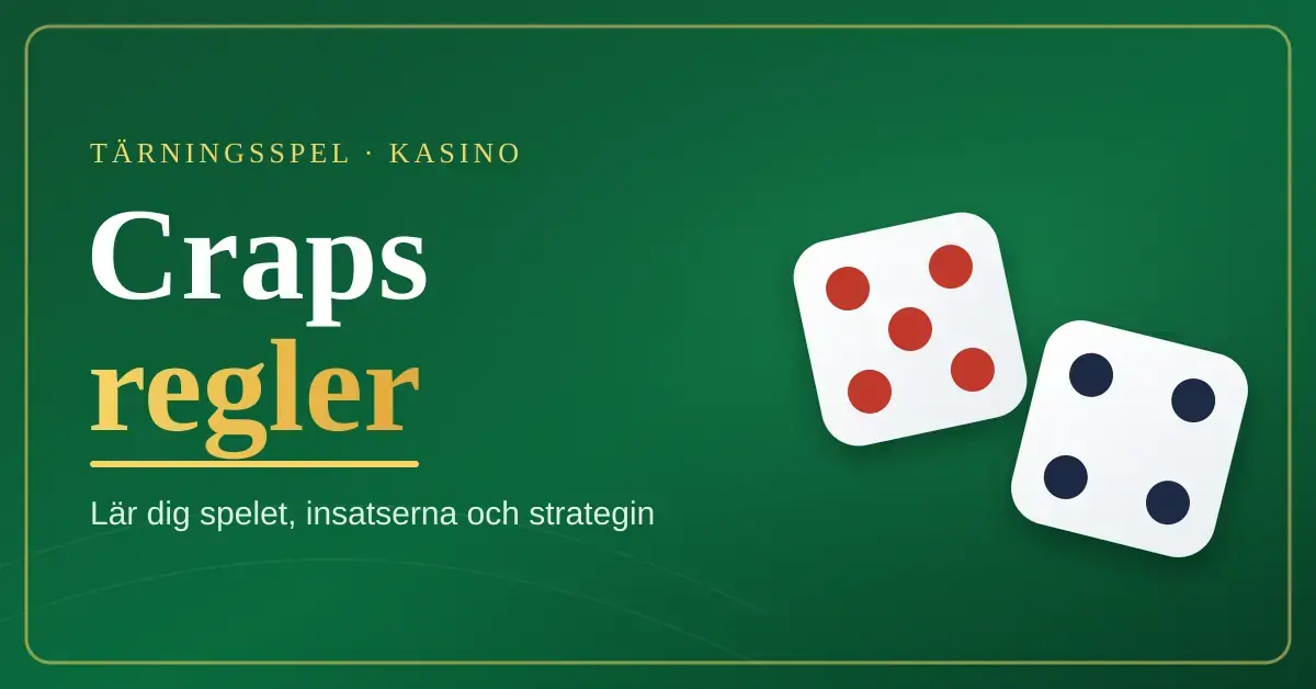 Grafik med texten "Craps regler" mot en grön kasinobordsbakgrund och två tärningar bredvid.
