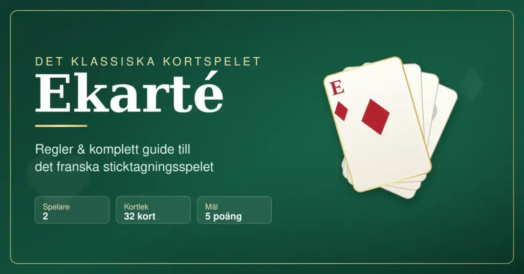 Grafik för en guide om kortspelet ekarté med en solfjäder av spelkort mot grön bakgrund samt snabbfakta om att spelet är för 2 spelare, använder 32 kort och spelas till 5 poäng.