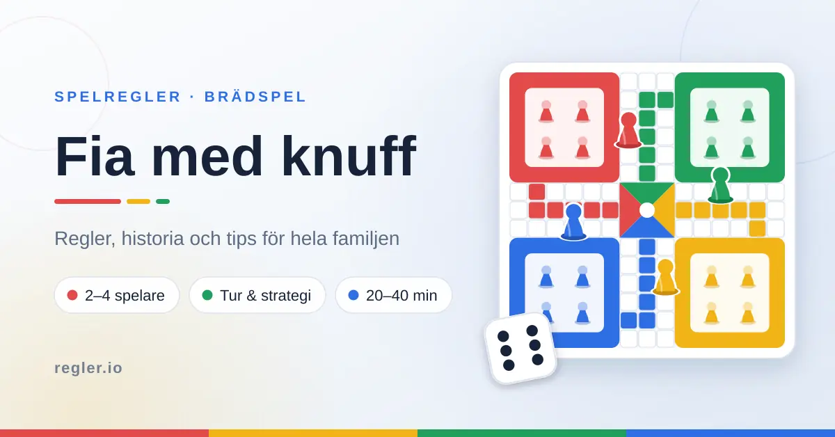 Grafik med rubriken ”Fia med knuff” och en illustrerad spelplan med fyra färgade hem, spelpjäser och en tärning.