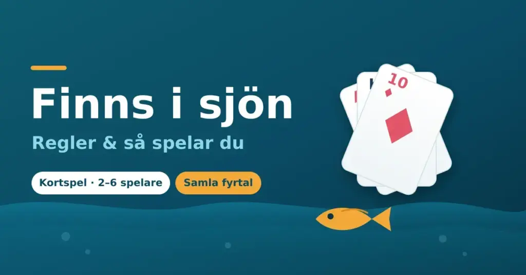 Grafik för kortspelet Finns i sjön med titeln "Finns i sjön – regler och så spelar du", en solfjäder av spelkort och en fisk mot en blå vattenbakgrund.