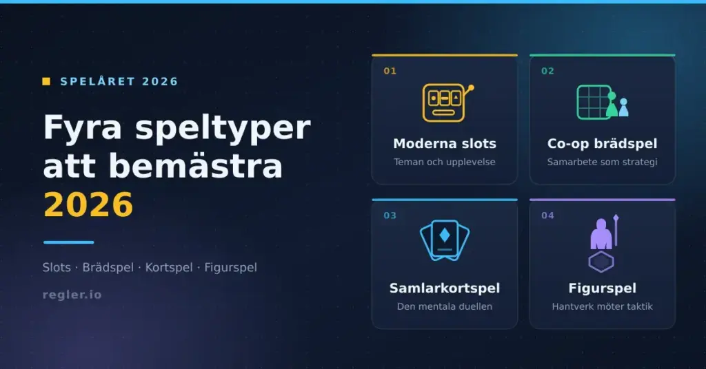 Grafik med rubriken "Fyra speltyper att bemästra 2026" och fyra ikoner som visar moderna slots, co-op brädspel, samlarkortspel och figurspel.