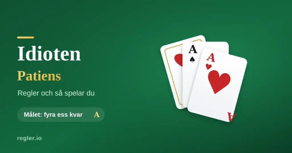 Grafik för kortspelet Idioten patiens med tre spelkort och ess samt texten "Idioten Patiens – regler och så spelar du" mot grön bakgrund.