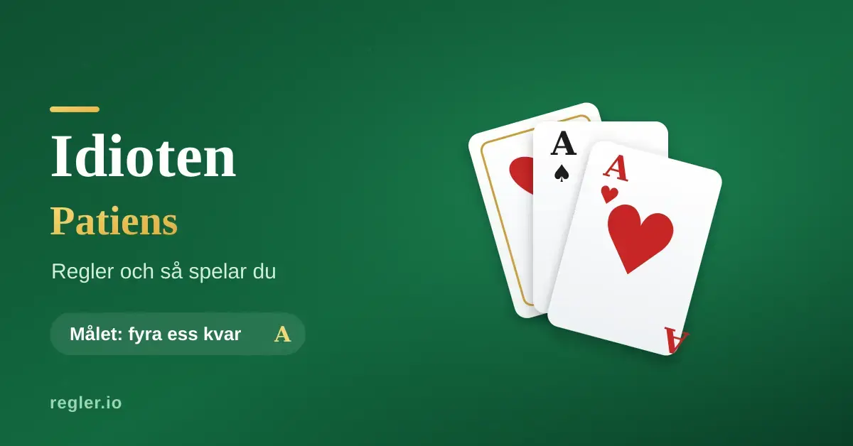 Grafik för kortspelet Idioten patiens med tre spelkort och ess samt texten "Idioten Patiens – regler och så spelar du" mot grön bakgrund.