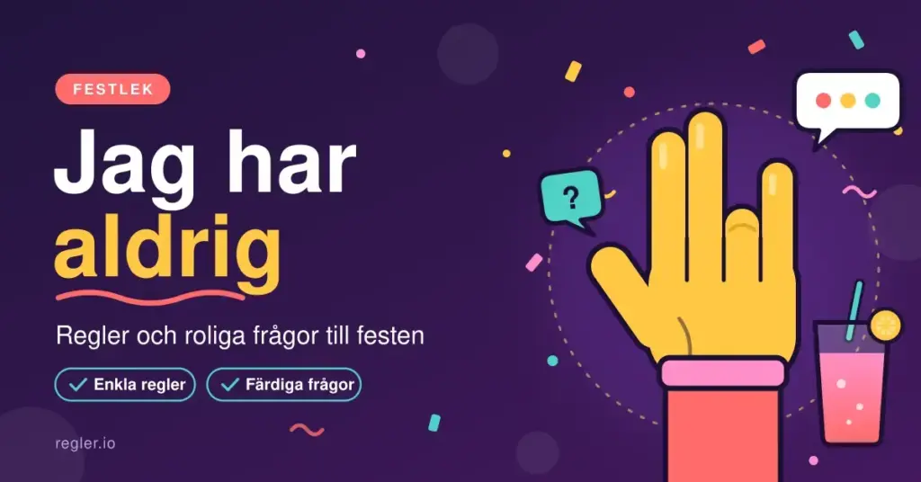 Illustration av en tecknad hand som håller upp fingrarna med ett finger nedvikt, omgiven av pratbubblor, konfetti och en färgglad drink, bredvid texten ”Jag har aldrig – Regler och roliga frågor till festen”.