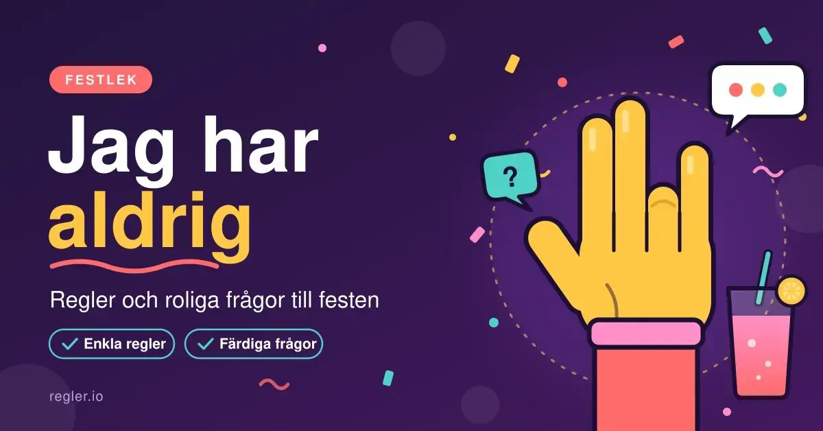 Illustration av en tecknad hand som håller upp fingrarna med ett finger nedvikt, omgiven av pratbubblor, konfetti och en färgglad drink, bredvid texten ”Jag har aldrig – Regler och roliga frågor till festen”.