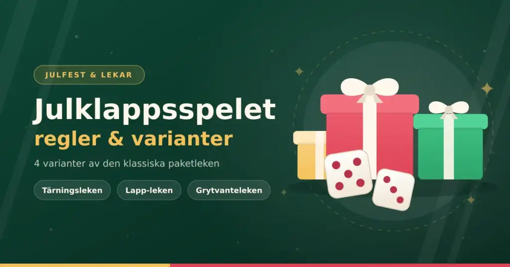 Grafik med inslagna julklappar och två tärningar samt texten Julklappsspelet – regler och varianter.