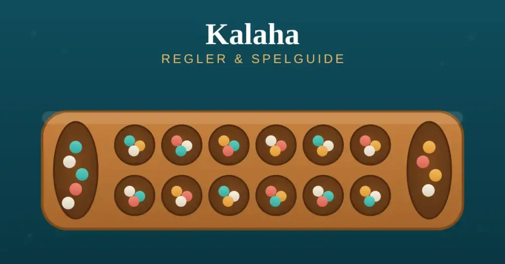 Illustration av ett Kalahabräde med två stora förråd och tolv gropar fyllda med färgglada kulor, under rubriken "Kalaha – regler och spelguide".