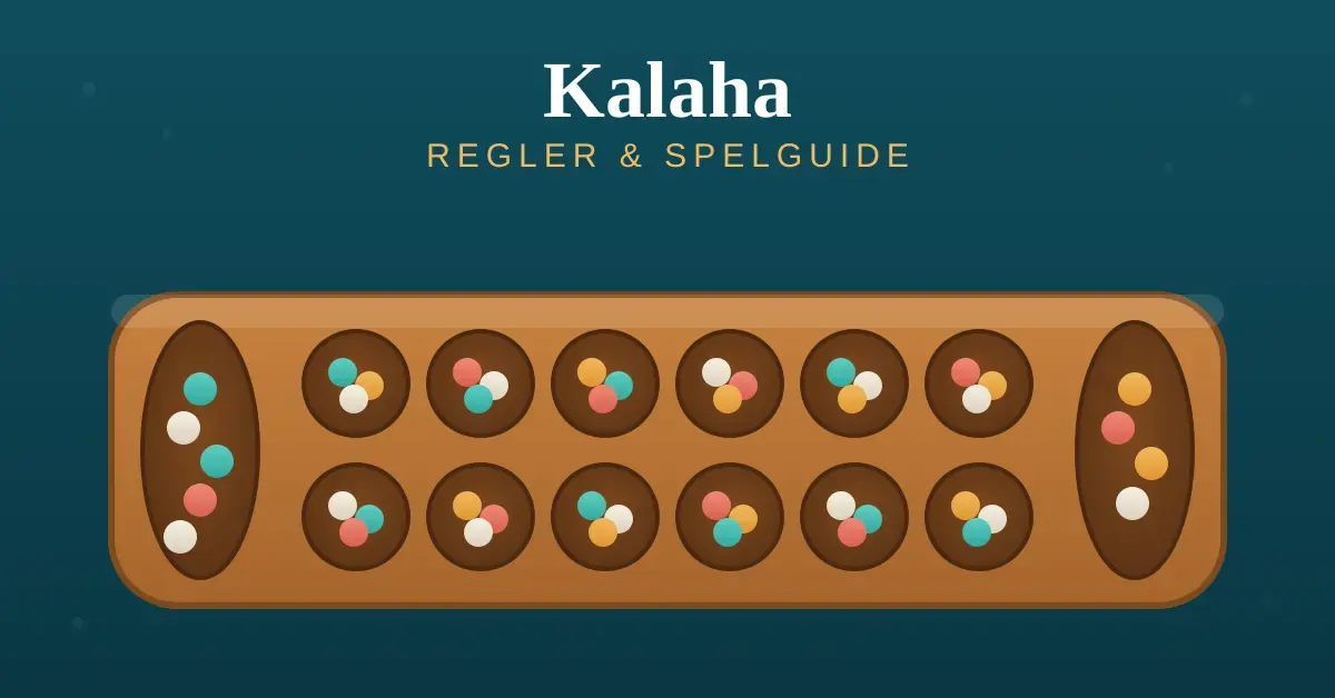 Illustration av ett Kalahabräde med två stora förråd och tolv gropar fyllda med färgglada kulor, under rubriken "Kalaha – regler och spelguide".