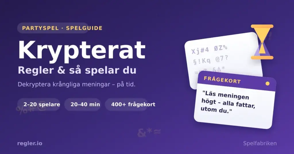 Grafik för partyspelet Krypterat med titeln "Regler & så spelar du", ett krypterat frågekort som dekrypteras och ett timglas mot lila bakgrund.