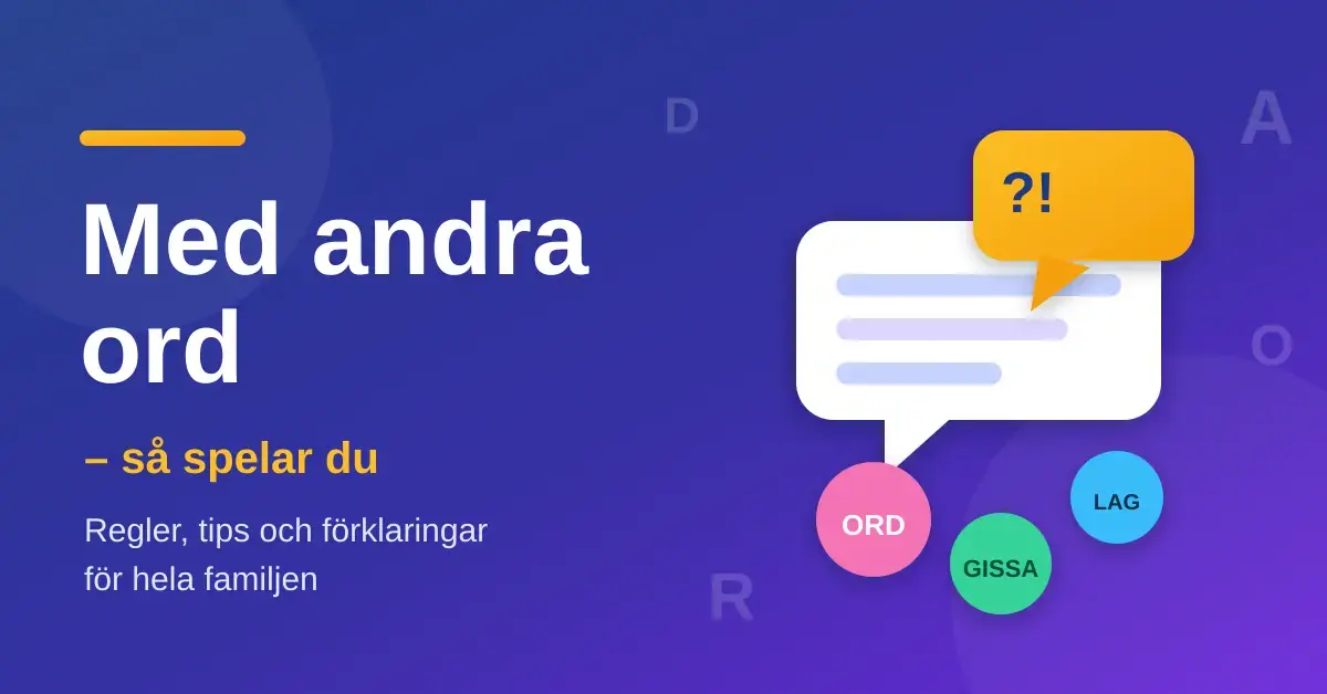 Grafik med texten "Med andra ord – så spelar du" bredvid pratbubblor och färgglada ordpolletter som illustrerar reglerna för familjespelet Med andra ord.