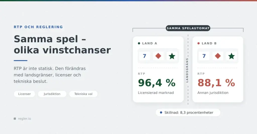 Grafik där samma spelautomat visas i två länder, åtskilda av en streckad landsgräns, med olika RTP: 96,4 % i land A och 88,1 % i land B.