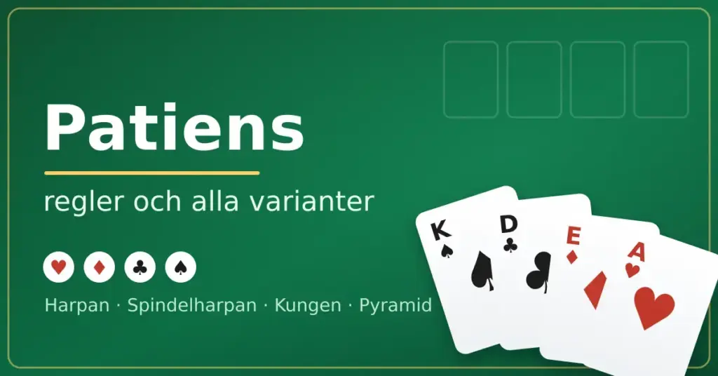 Grafik med rubriken "Patiens – regler och alla varianter" på grön kortbordsbakgrund med fyra uppfläkta spelkort i de fyra färgerna hjärter, ruter, klöver och spader.