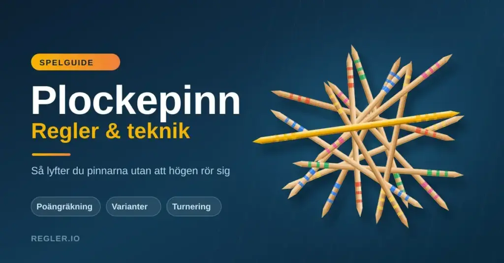 En hög med färgglada plockepinnar i trä där den gyllene Mikado-pinnen ligger överst, bredvid rubriken "Plockepinn – regler och teknik".