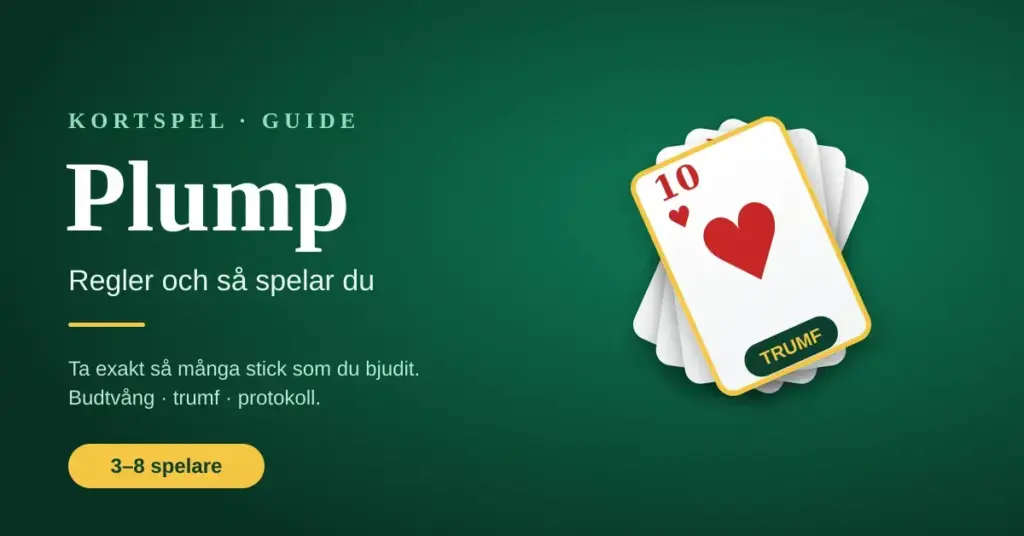 Grafik för artikeln om kortspelet Plump med en solfjäder av spelkort där ett hjärter tio markerats som trumf på grön spelduk.