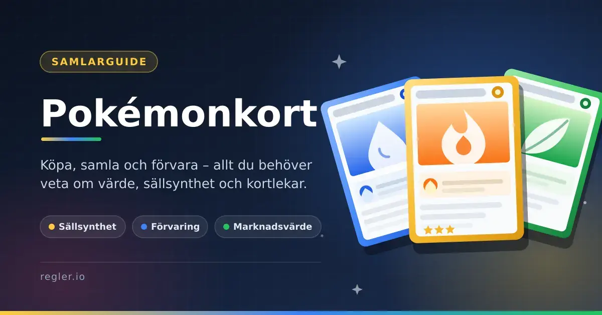 Grafisk illustration med tre uppfällda samlarkort i eld-, vatten- och gräsfärger bredvid rubriken "Pokémonkort" och texten om att köpa, samla och förvara kort.