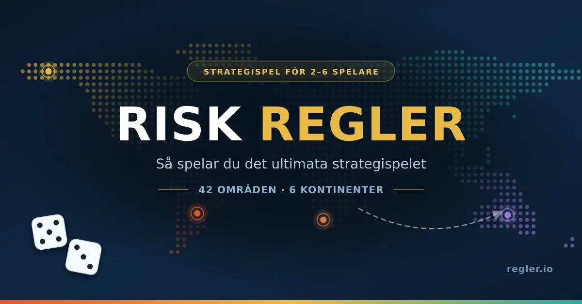 En mörkblå grafik med en prickig världskarta i färgade kontinenter, två tärningar och texten "Risk regler – så spelar du det ultimata strategispelet".