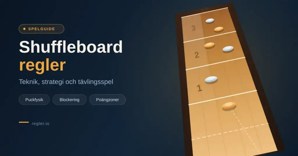 Illustration av ett shuffleboardbord snett uppifrån med poängzonerna 1, 2 och 3 samt orange och silverfärgade puckar, bredvid rubriken ”Shuffleboard regler – teknik, strategi och tävlingsspel”.
