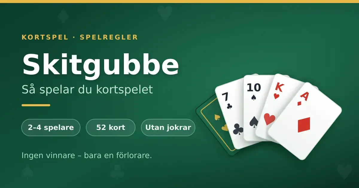 Grafik med texten "Skitgubbe – så spelar du kortspelet" bredvid en solfjäder av spelkort på grön bakgrund.