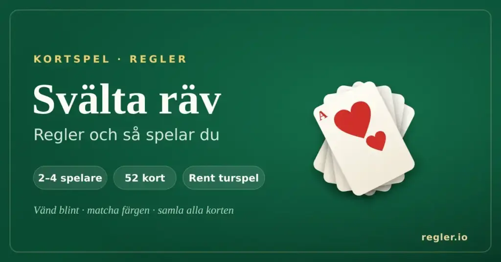 Grafik för kortspelet Svälta räv med texten "Svälta räv – regler och så spelar du" och en solfjäder av spelkort mot grön spelbordsbakgrund.