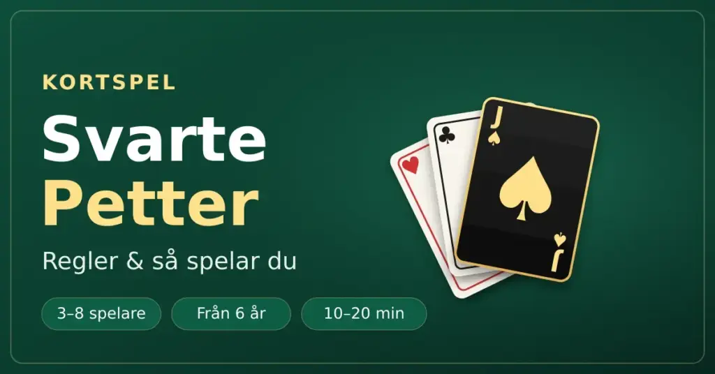 Grafik för kortspelet Svarte Petter med tre uppslagna spelkort där spader knekt i svart och guld är i fokus, mot en grön spelbordsbakgrund.