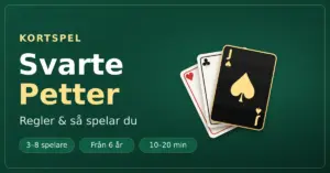 Grafik för kortspelet Svarte Petter med tre uppslagna spelkort där spader knekt i svart och guld är i fokus, mot en grön spelbordsbakgrund.