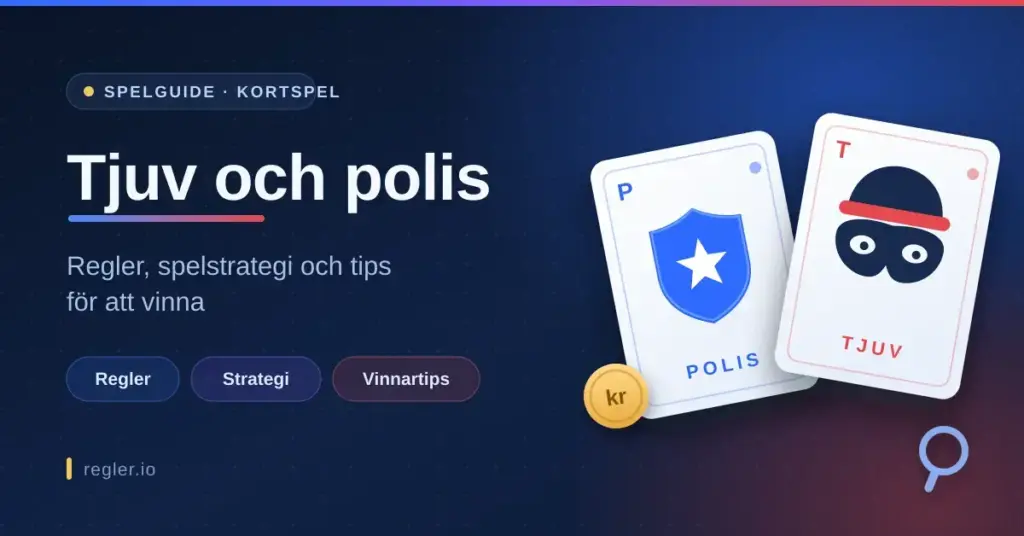 Grafik för spelguiden Tjuv och polis med två spelkort som visar en polisbricka och en tjuvmask, samt texten "Regler, spelstrategi och tips för att vinna".
