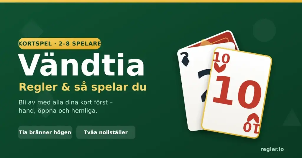 Grafik för kortspelet Vändtia med titeln "Vändtia – Regler & så spelar du" och spelkort där en tia och en tvåa visas mot grön bakgrund.