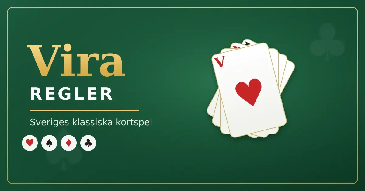 En grafik med texten "Vira – Regler" mot grön spelduk, med en solfjäder av spelkort och de fyra kortfärgerna som symboler.